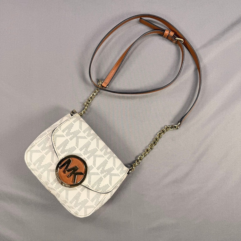 Michael Kors Fulton Crossbody Bag Coated Canvas White Monogram Small Gold Logo